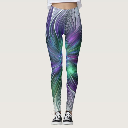 Paarse Groene Bloem Moderne Abstracte Kunst Fracta Leggings (Voorkant)