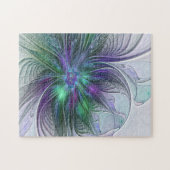 Paarse Groene Bloem Moderne Abstracte Kunst Fracta Legpuzzel (Horizontaal)