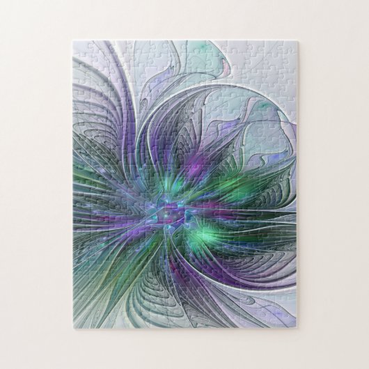 Paarse Groene Bloem Moderne Abstracte Kunst Fracta Legpuzzel (Verticaal)