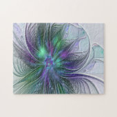 Paarse Groene Bloem Moderne Abstracte Kunst Fracta Legpuzzel (Horizontaal)