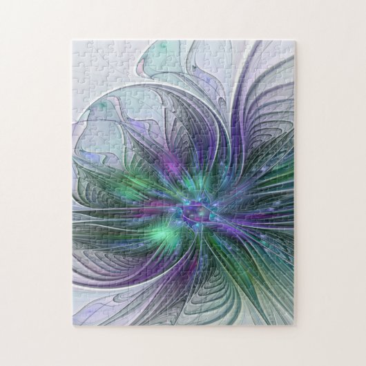 Paarse Groene Bloem Moderne Abstracte Kunst Fracta Legpuzzel (Verticaal)