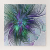 Paarse Groene Bloem Moderne Abstracte Kunst Fracta Legpuzzel (Horizontaal)