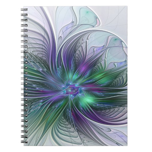 Paarse Groene Bloem Moderne Abstracte Kunst Fracta Notitieboek (Voorkant)