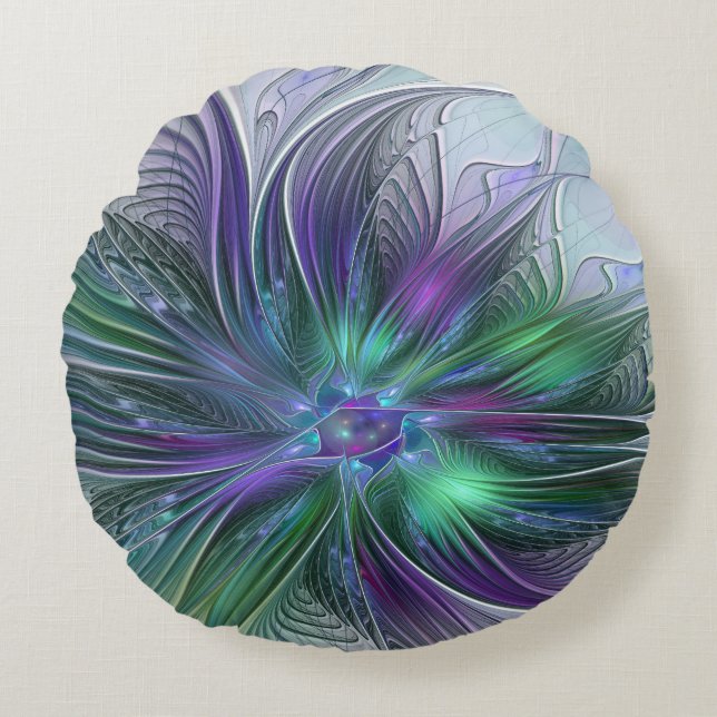 Paarse Groene Bloem Moderne Abstracte Kunst Fracta Rond Kussen (Voorkant)