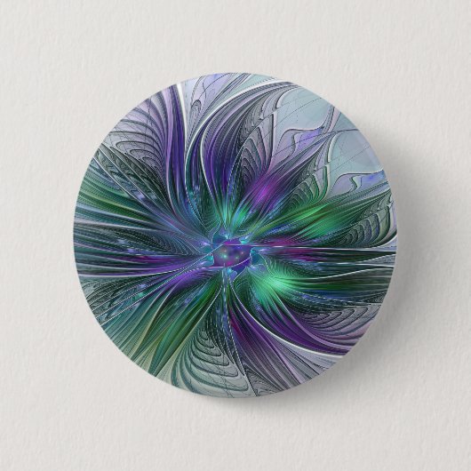 Paarse Groene Bloem Moderne Abstracte Kunst Fracta Ronde Button 5,7 Cm (Voorkant)