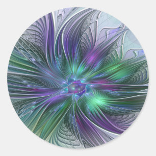 Paarse Groene Bloem Moderne Abstracte Kunst Fracta Ronde Sticker