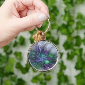 Paarse Groene Bloem Moderne Abstracte Kunst Fracta Sleutelhanger (Hand)