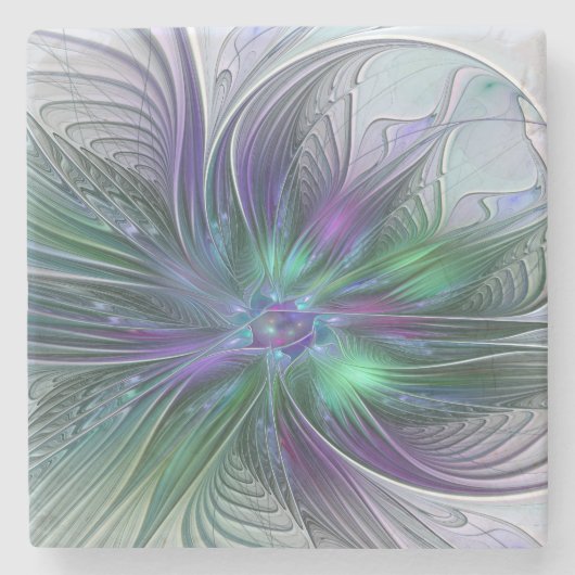 Paarse Groene Bloem Moderne Abstracte Kunst Fracta Stenen Onderzetter (Voorkant)