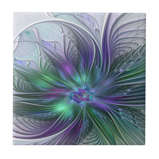 Paarse Groene Bloem Moderne Abstracte Kunst Fracta Tegeltje (Voorkant)