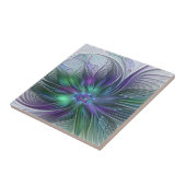 Paarse Groene Bloem Moderne Abstracte Kunst Fracta Tegeltje (Zijkant)