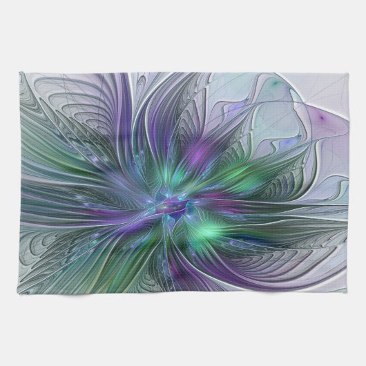 Paarse Groene Bloem Moderne Abstracte Kunst Fracta Theedoek (Horizontaal)