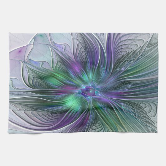 Paarse Groene Bloem Moderne Abstracte Kunst Fracta Theedoek (Horizontaal)