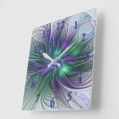 Paarse Groene Bloem Moderne Abstracte Kunst Fracta Vierkante Klok (Hoek)