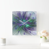 Paarse Groene Bloem Moderne Abstracte Kunst Fracta Vierkante Klok (Huis)