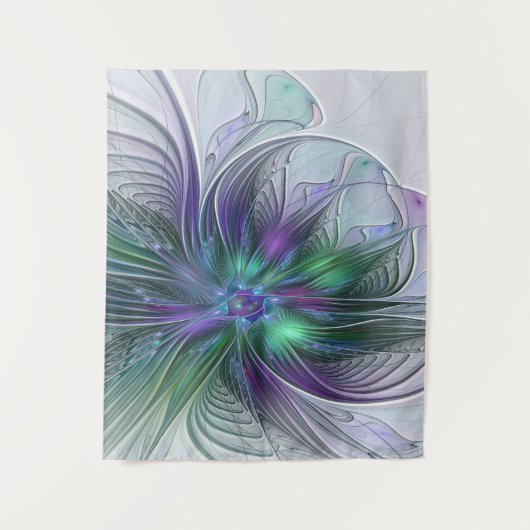 Paarse Groene Bloem Moderne Abstracte Kunst Fracta Wandkleed (Voorkant)
