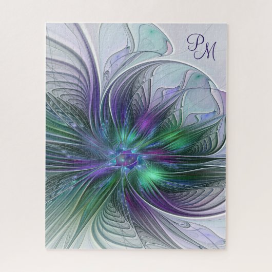 Paarse Groene Bloem Moderne Abstracte Kunst Monogr Legpuzzel (Verticaal)