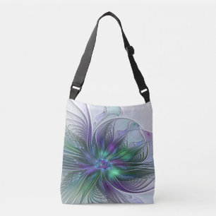 Paarse groene bloem Moderne Abstracte Kunstfractal Crossbody Tas
