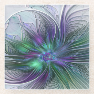 Paarse groene bloem Moderne Abstracte Kunstfractal Glazen Onderzetter