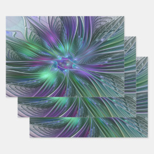 Paarse groene bloem Moderne Abstracte Kunstfractal Inpakpapier Vel