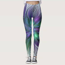 Paarse groene bloem Moderne Abstracte Kunstfractal Leggings