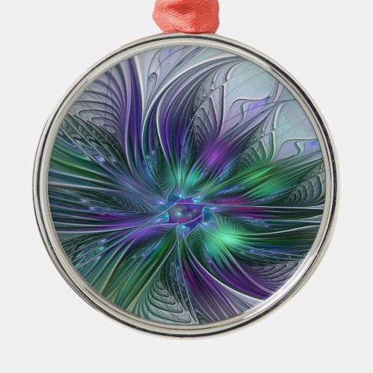 Paarse groene bloem Moderne Abstracte Kunstfractal Metalen Ornament (Voorkant)