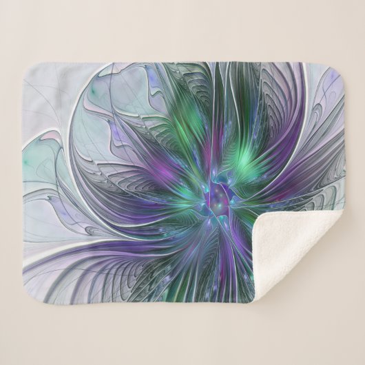 Paarse groene bloem Moderne Abstracte Kunstfractal Sherpa Deken (Voorkant (horizontaal))