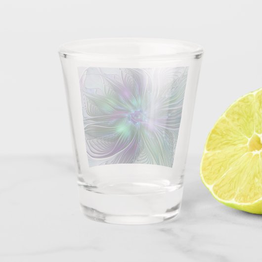 Paarse groene bloem Moderne Abstracte Kunstfractal Shot Glas (Achterkant)