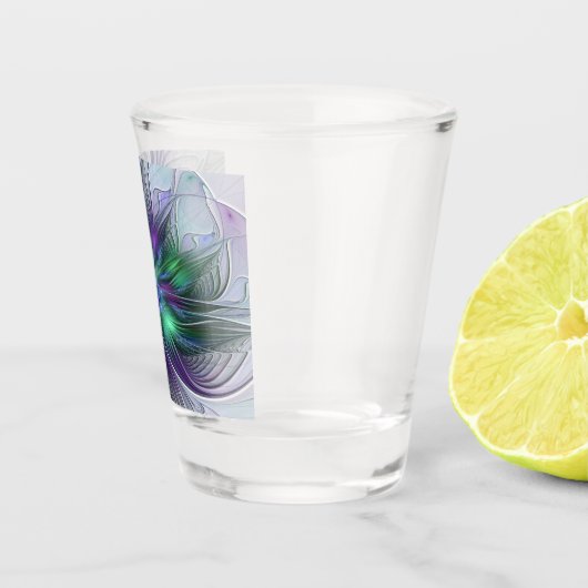 Paarse groene bloem Moderne Abstracte Kunstfractal Shot Glas (Rechts)