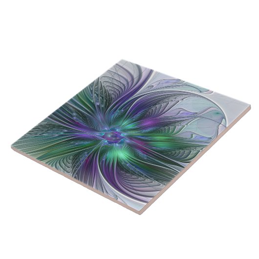 Paarse groene bloem Moderne Abstracte Kunstfractal Tegeltje (Zijkant)