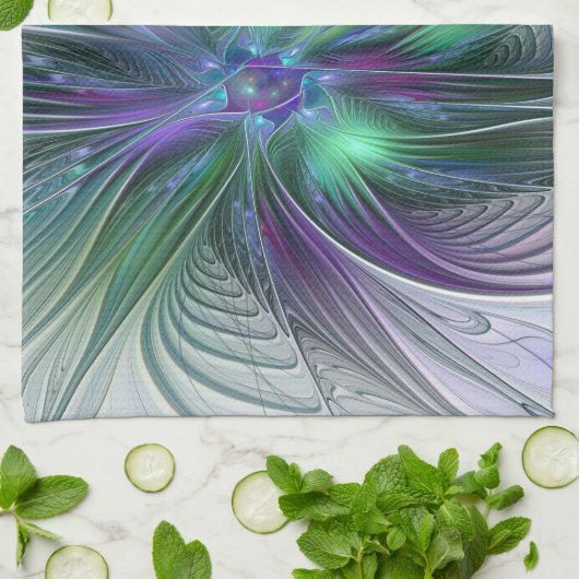 Paarse groene bloem Moderne Abstracte Kunstfractal Theedoek (Gevouwen)