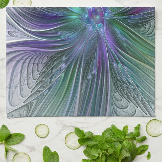 Paarse groene bloem Moderne Abstracte Kunstfractal Theedoek (Gevouwen)