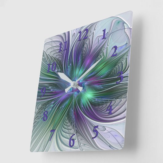 Paarse groene bloem Moderne Abstracte Kunstfractal Vierkante Klok (Hoek)