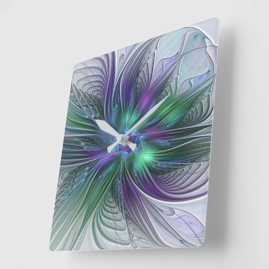 Paarse groene bloem Moderne Abstracte Kunstfractal Vierkante Klok (Hoek)