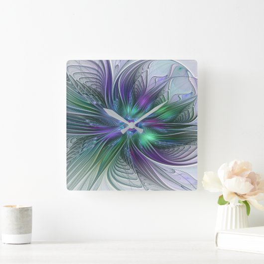 Paarse groene bloem Moderne Abstracte Kunstfractal Vierkante Klok (Huis)