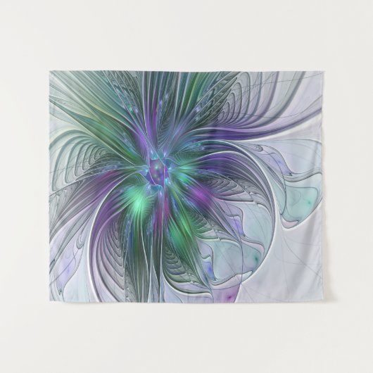 Paarse groene bloem Moderne Abstracte Kunstfractal Wandkleed (Voorkant (horizontaal))