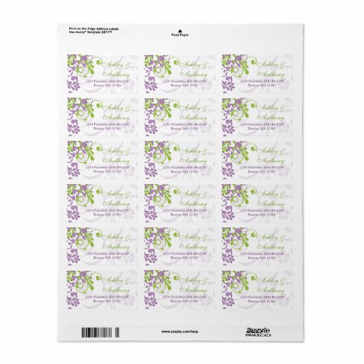 Paarse Groene Bloemen Bruiloft Adres Mailing Label (Full Sheet)