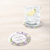 Paarse groene bloemen gepersonaliseerde bruiloft ronde kartonnen onderzetter (Insitu)