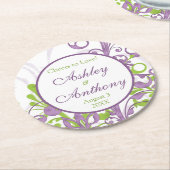 Paarse groene bloemen gepersonaliseerde bruiloft ronde kartonnen onderzetter (Gebogen)