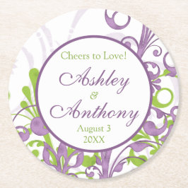 Paarse groene bloemen gepersonaliseerde bruiloft ronde kartonnen onderzetter