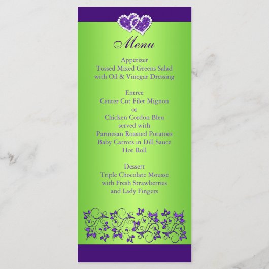 Paarse, groene bloemen, harten Menu Kaart (Achterkant)