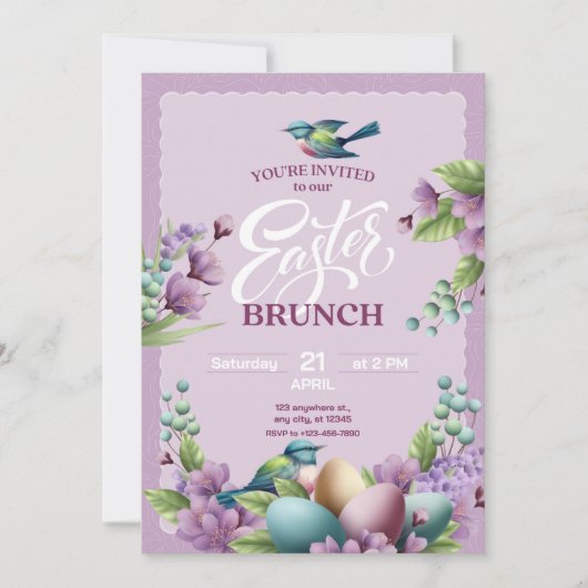 Paarse Groene Bloemen Paasbrunch Feestdagenkaart (Voorkant)