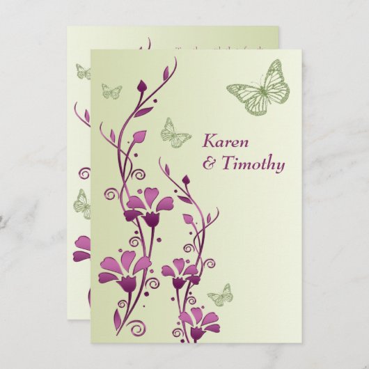 Paarse, groene bloemen, vlinders bruiloft uitnodig kaart (Voorkant / Achterkant)