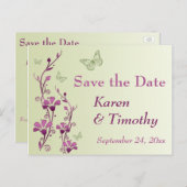 Paarse, Groene Bloemen, Vlinders Sla de Datum op Aankondigingskaart (Voorkant / Achterkant)