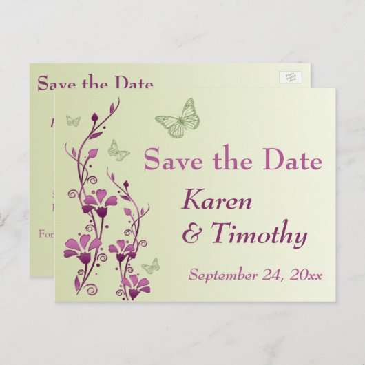 Paarse, Groene Bloemen, Vlinders Sla de Datum op Aankondigingskaart (Voorkant / Achterkant)