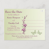 Paarse, Groene Bloemen, Vlinders Sla de Datum op Aankondigingskaart (Achterkant)