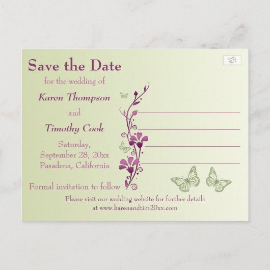 Paarse, Groene Bloemen, Vlinders Sla de Datum op Aankondigingskaart (Achterkant)