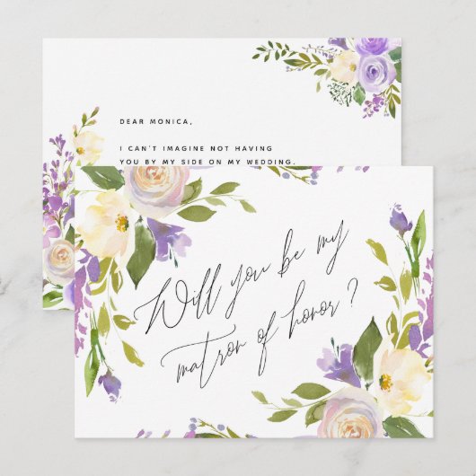 Paarse groene bloemen zijn mijn matron van eer uitnodiging briefkaart (Voorkant / Achterkant)