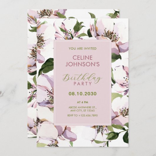 Paarse groene bloemenverjaardag kaart (Voorkant / Achterkant)