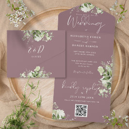 Paarse Groene Bloemige QR Code Monogram Huwelijk All In One Uitnodiging