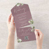 Paarse Groene Bloemige QR Code Monogram Huwelijk All In One Uitnodiging (Afscheurbaar)